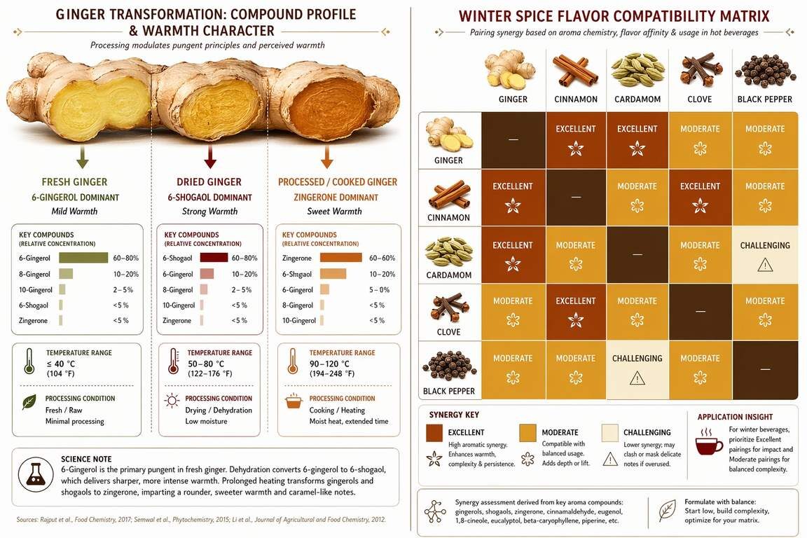 A split-panel technical diagram showing ginger processing states (fresh gingerol, dried shogaol, cooked zingerone) and a winter spice compatibility matrix rating synergies between ginger, cinnamon, cardamom, clove, and black pepper — from CUIGUAI Flavoring's winter warming beverage flavor guide.