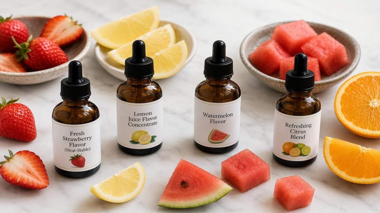 CUIGUAI Flavoring's heat-stable fruit flavor concentrate lineup for pasteurized juice applications — Fresh Strawberry, Lemon Juice Flavor, Watermelon, and Citrus Blend — with fresh fruit props on white marble. Available for global B2B OEM juice production supply with HTST validation data and full regulatory documentation.