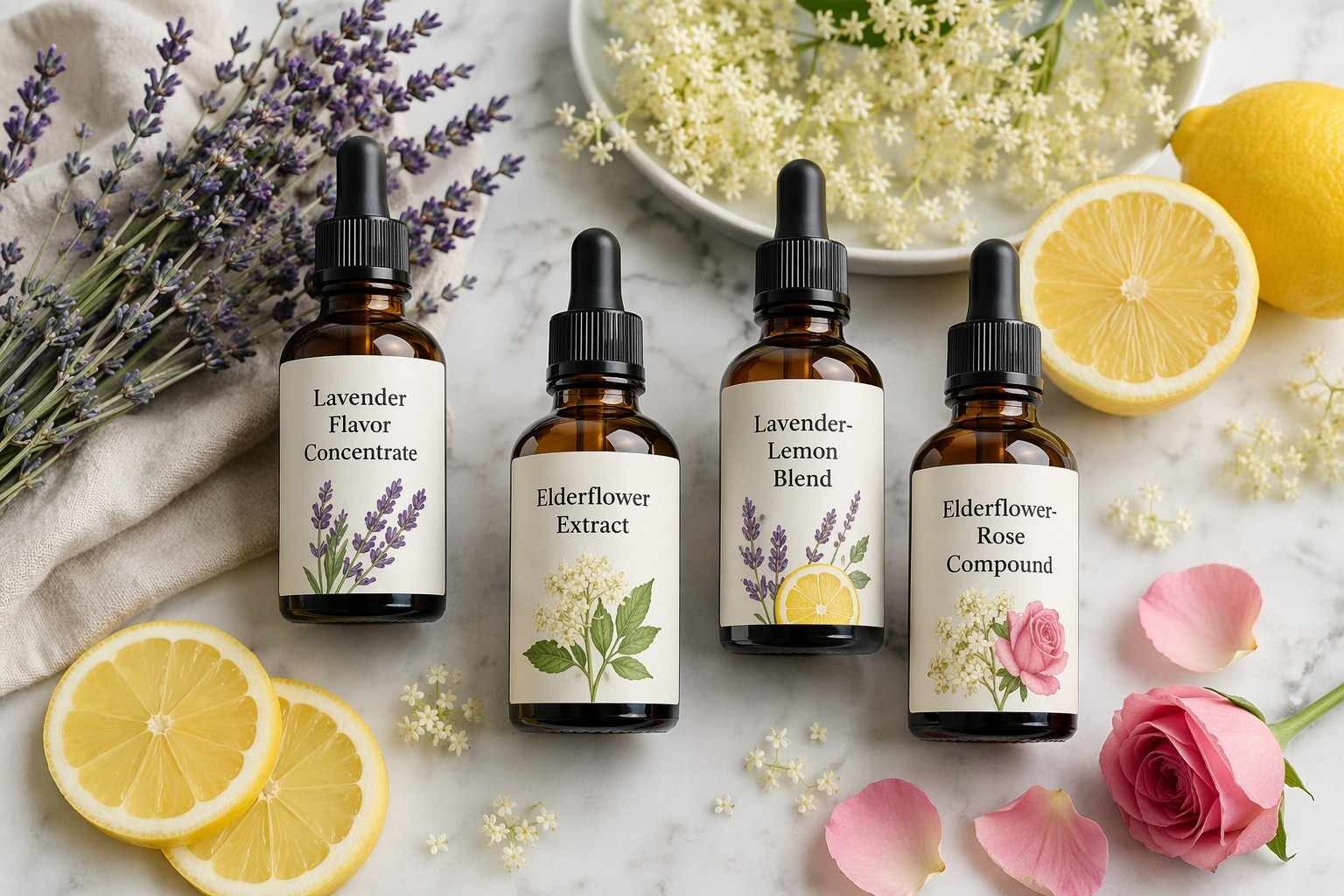 CUIGUAI Flavoring's botanical beverage flavour concentrate lineup — Lavender (camphor-free), Elderflower (hotrienol-stabilised), Lavender-Lemon Blend, and Elderflower-Rose — displayed with fresh botanicals on white marble. Available for global B2B food and beverage OEM supply with full analytical documentation and stability data.