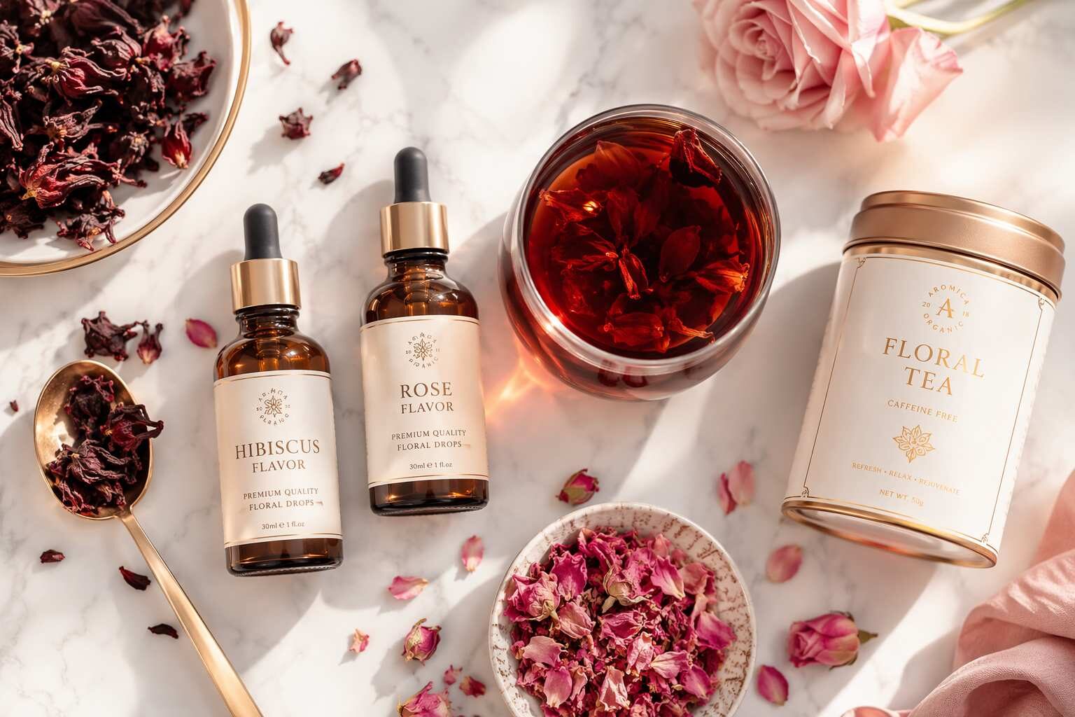 CUIGUAI Flavoring's premium hibiscus and rose flavor concentrate collection for tea and beverage applications. Water-soluble, naturally sourced, and standardized for consistent color and aroma — manufactured in Guangdong, China.