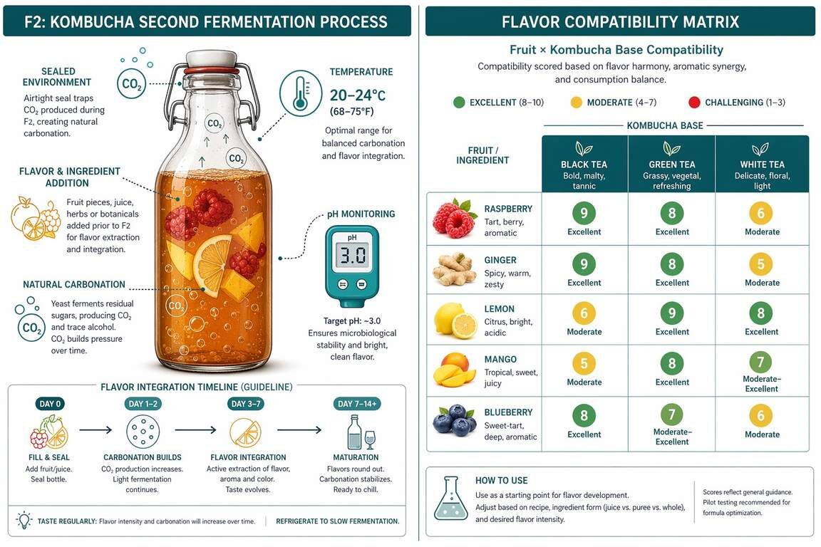 A split-panel technical illustration of the kombucha F2 second fermentation process (sealed bottle, CO2, flavor integration at 20-24 degrees C) alongside a fruit-to-tea-base compatibility matrix — showing excellent/moderate/challenging ratings for raspberry, ginger, lemon, mango, and blueberry across black, green, and white tea kombucha bases.