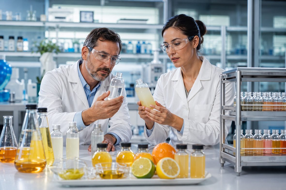 A professional beverage R&D consultation with clear and emulsion beverage samples on a stability test rack, representing the collaborative evaluation process for choosing between water-soluble and oil-soluble flavor delivery systems.