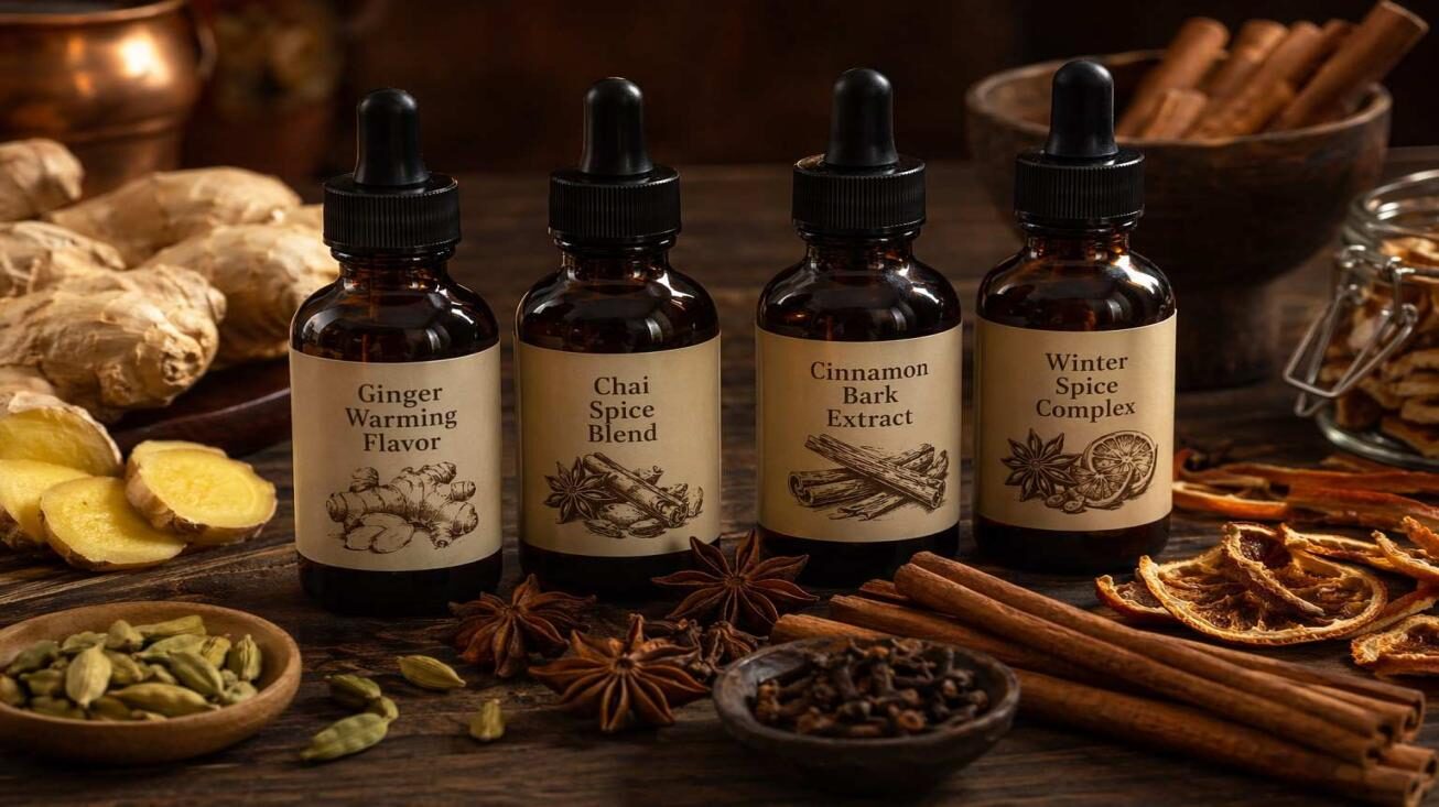 CUIGUAI Flavoring's winter warming beverage flavor concentrate lineup — Ginger Warming Concentrate, Chai Spice Blend, Cinnamon Bark Extract, and Winter Spice Complex — displayed on dark wooden surface with whole spices. Available for global B2B food and beverage OEM supply with full compound specification and stability data.
