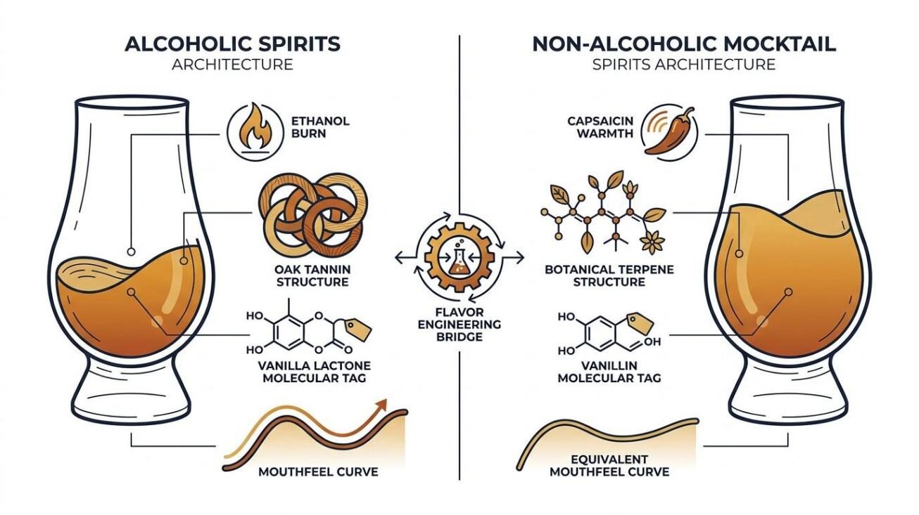 A technical infographic comparing the sensory chemistry of alcoholic spirits (ethanol TRPV1 burn, oak tannins, vanilla lactone) with their non-alcoholic engineering equivalents (capsaicin warmth, botanical tannin extract, whisky lactone) — illustrating CUIGUAI Flavoring's non-alcoholic spirit formulation approach.