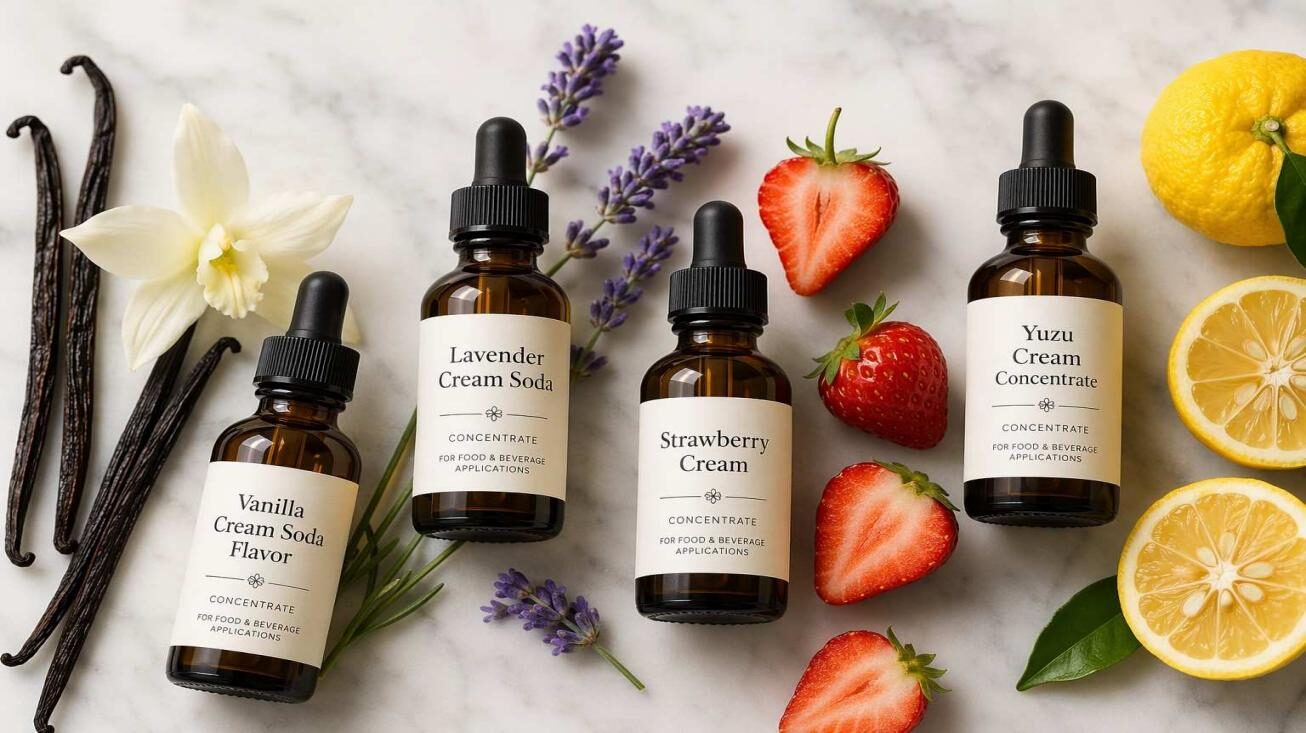 CUIGUAI Flavoring's cream soda flavor concentrate product lineup — Vanilla Cream Soda, Lavender Cream, Strawberry Cream, and Yuzu Cream — displayed with fresh vanilla pods, lavender, strawberries, and yuzu on white marble. Available for global B2B food and beverage OEM supply with full regulatory documentation.