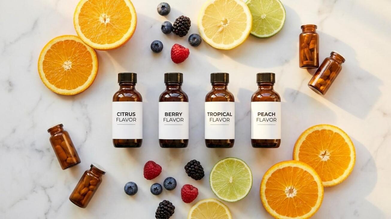 CUIGUAI Flavoring's beverage flavor concentrate lineup for vitamin-fortified water — citrus, berry, tropical, and peach — surrounded by fresh fruits and supplement bottles on a clean marble surface. Available for B2B OEM supply globally with stability validation documentation.