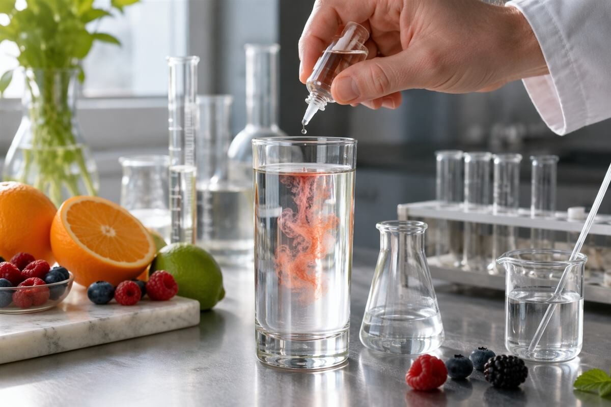 Un test de chute en laboratoire démontre un dosage contrôlé d'arômes dans de l'eau claire avec des références de fruits frais.