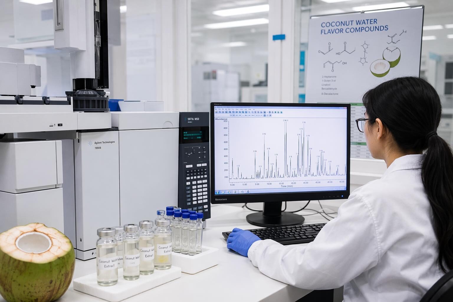 Laboratory analysis of coconut water flavor compounds: GC-MS identification of lactones, aldehydes, and freshness-indicator volatiles used in quality control for shelf-stable coconut water beverage production.