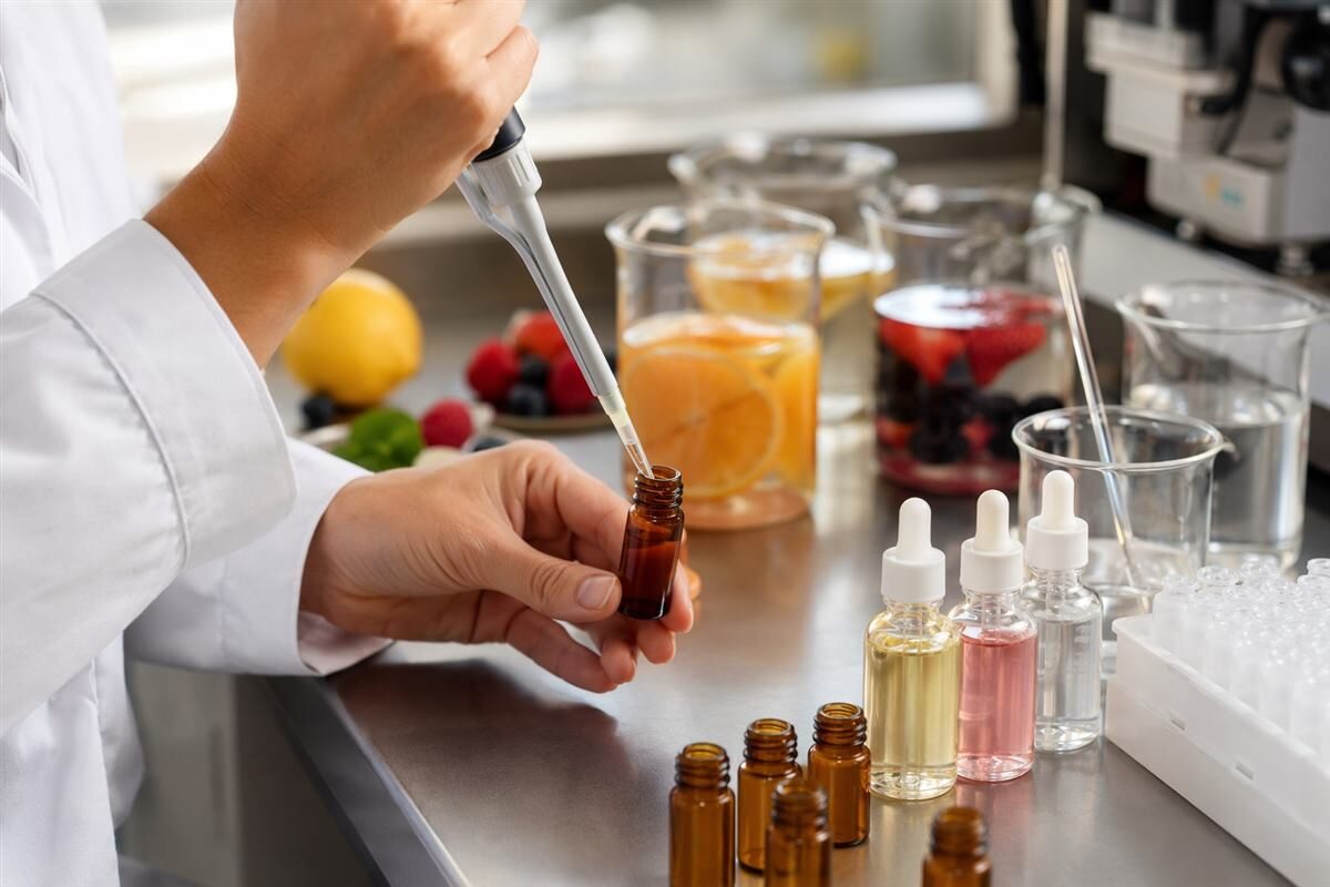 Un scientifique spécialisé dans les boissons utilise un pipetage de précision pour préparer des prototypes d'arômes concentrés en vue de tests de dilution.