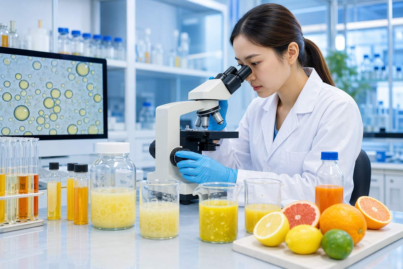 一所专业的食品科学实验室,进行云状柑橘饮料配方的乳化分析——配备GC-MS和粒径分析仪器,结合柑橘香精样品,展示开发和表征稳定油包水型云乳的分析方法,以用于商业饮料生产。