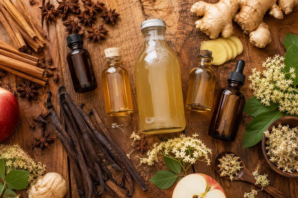 A professional display of natural botanical flavor enhancement ingredients for craft cider brewing — dried cinnamon, star anise, vanilla beans, elderflower, and fresh ginger alongside apple juice concentrate and natural flavor extracts, illustrating the range of food-grade natural flavoring options available to cider producers for authentic apple note enhancement and flavor extension.