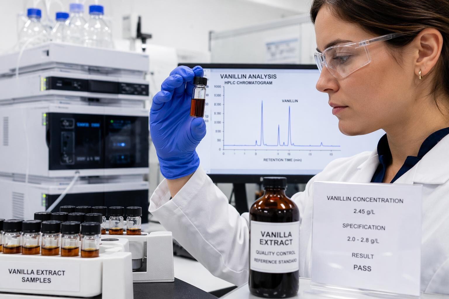 vanillin HPLC analysis, vanilla flavor quality control, vanilla extract authentication, food laboratory testing