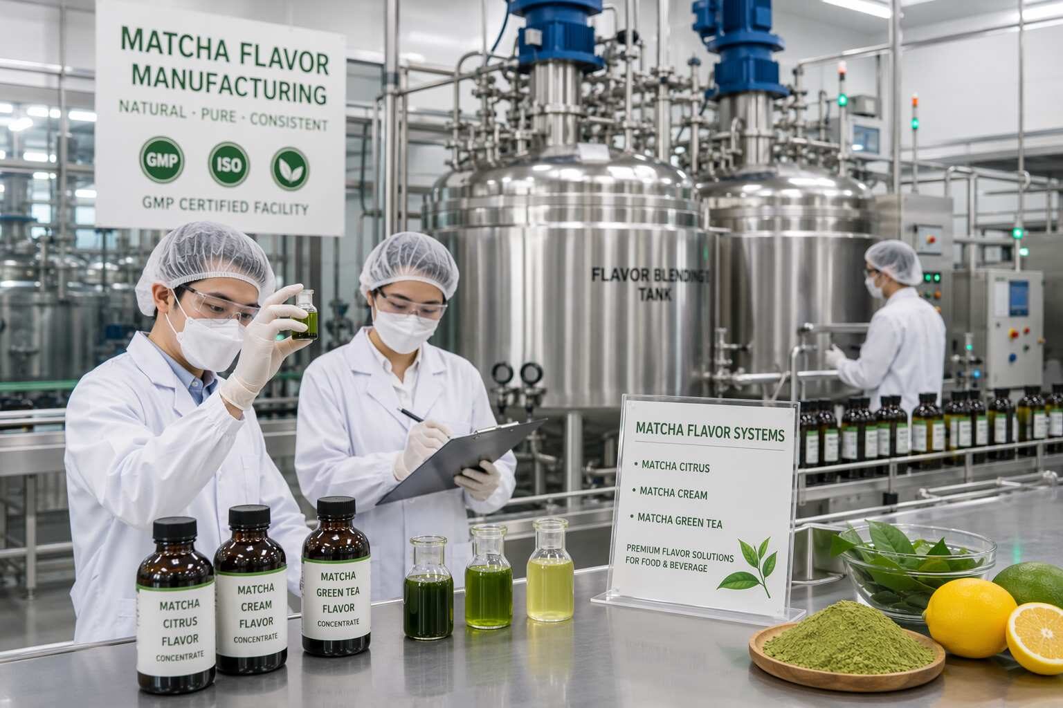 Professional GMP-certified manufacturing facility producing matcha flavor concentrates, matcha-yuzu blends, and matcha-cream flavor systems for food and beverage manufacturers worldwide.