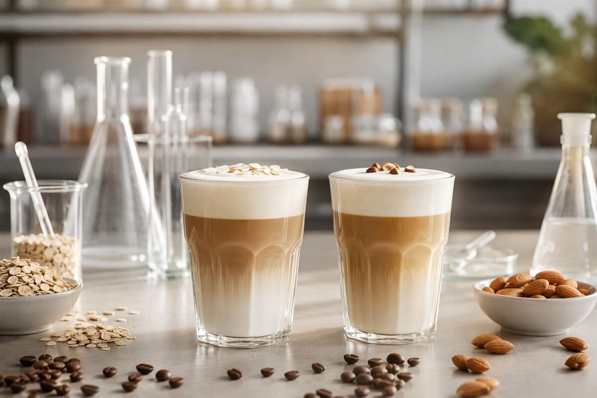 Two dairy-free coffee lattes demonstrate an R&D approach to balancing oat and almond milk bases with a clear coffee identity.