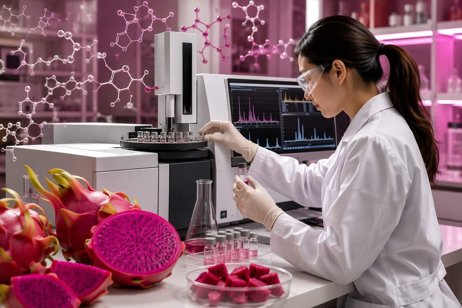 A professional food science laboratory analyzing the aroma compound profile of dragon fruit (pitaya) — GC-MS volatile compound identification of the key esters, aldehydes, and terpenes responsible for dragon fruit's characteristic mild tropical floral flavor, illustrating the chemical complexity behind authentic dragon fruit beverage flavor concentrate development.