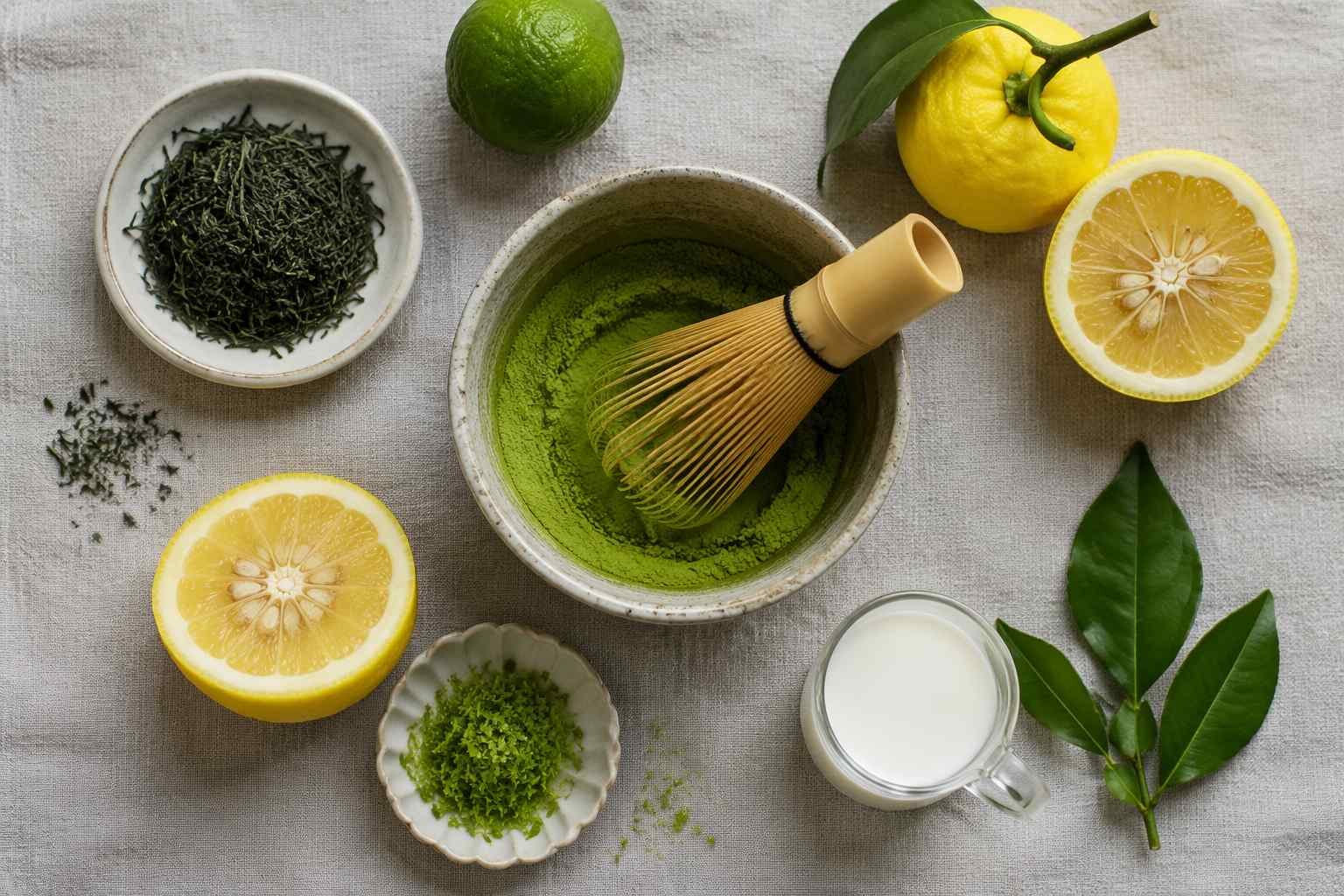 Key flavor pairing ingredients for matcha innovation: ceremonial grade matcha powder, fresh yuzu, bergamot, lime, and cream — the flavor-active compounds that create authentic matcha-citrus and matcha-cream pairings for food and beverage manufacturers.