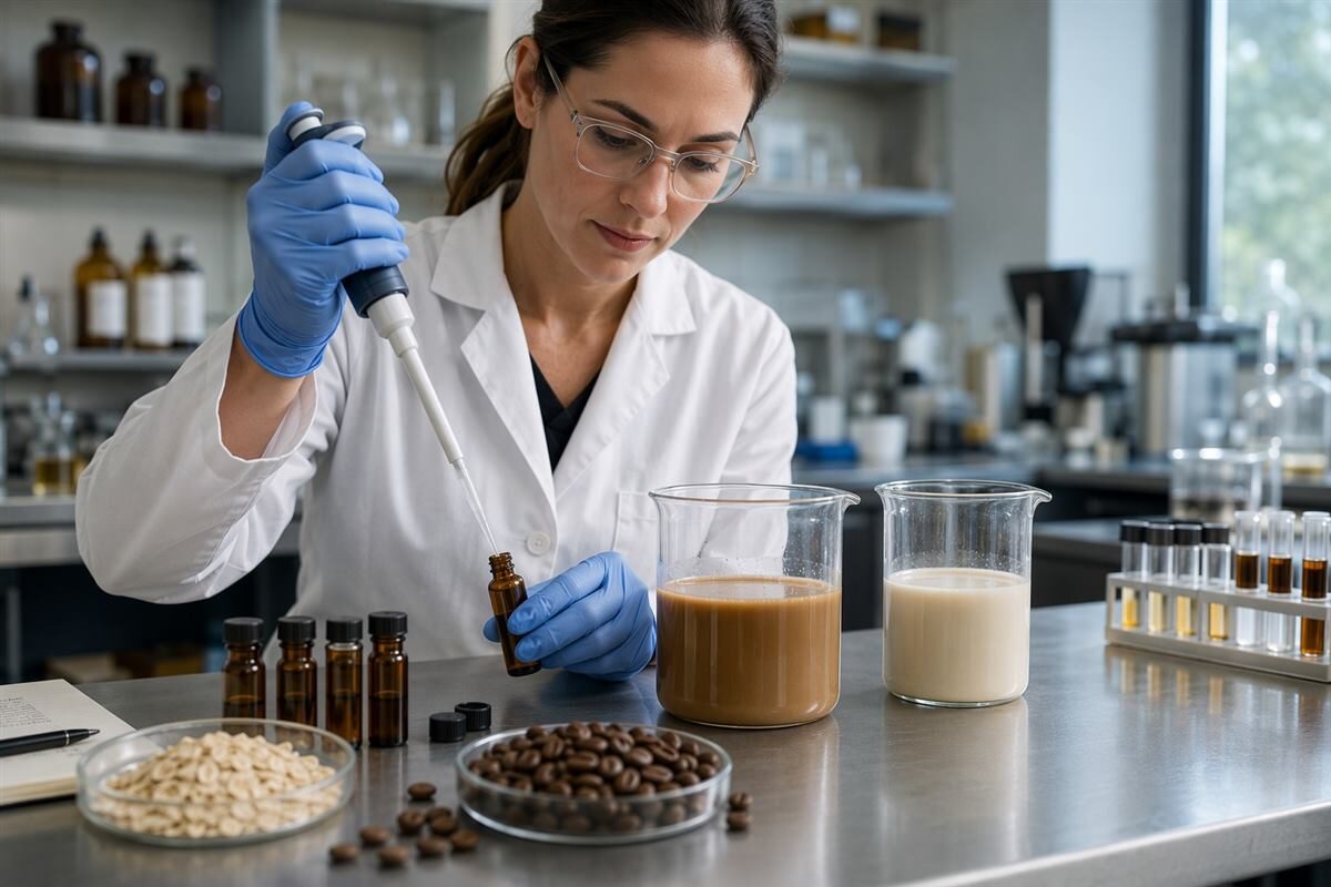 A beverage flavor scientist builds oat and almond coffee prototypes through controlled measurement and sensory-led development.