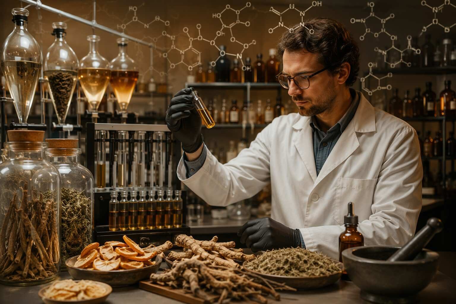 A professional food and beverage flavor chemistry laboratory analyzing botanical bitters ingredients — gentian root, orange peel, wormwood — using chromatographic techniques to characterize bitter compound profiles, illustrating the analytical methodology required for developing authentic, consistent amaro and bitters flavor concentrates at commercial scale.