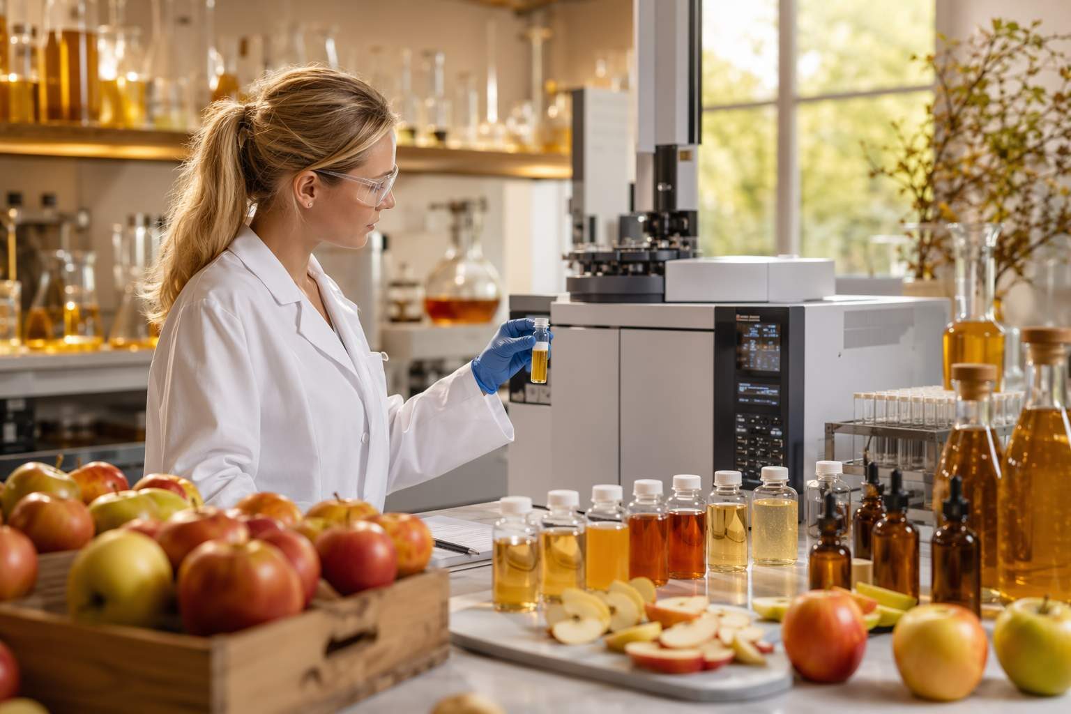 A professional food science laboratory analyzing the volatile aroma compound profile of fermenting apple cider — GC-MS chromatographic identification of key esters, aldehydes, and alcohols responsible for fermented apple character, illustrating why natural flavor enhancement is used to restore and amplify fresh apple notes lost during yeast fermentation.