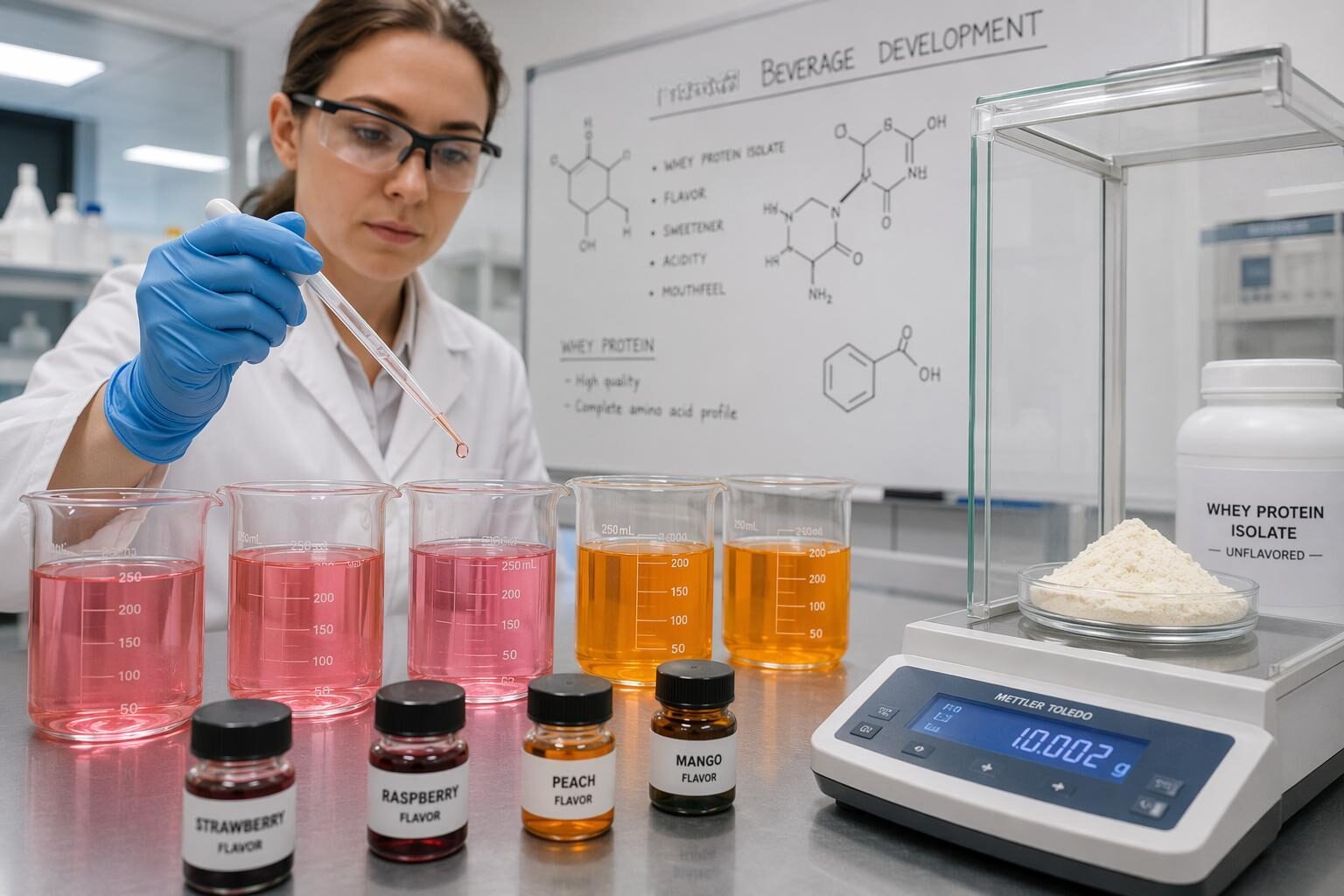 Inside the laboratory: formulation science for developing crystal-clear protein water — WPI solubility testing, pH optimization, turbidity measurement, and flavor compatibility screening for transparent protein beverages.