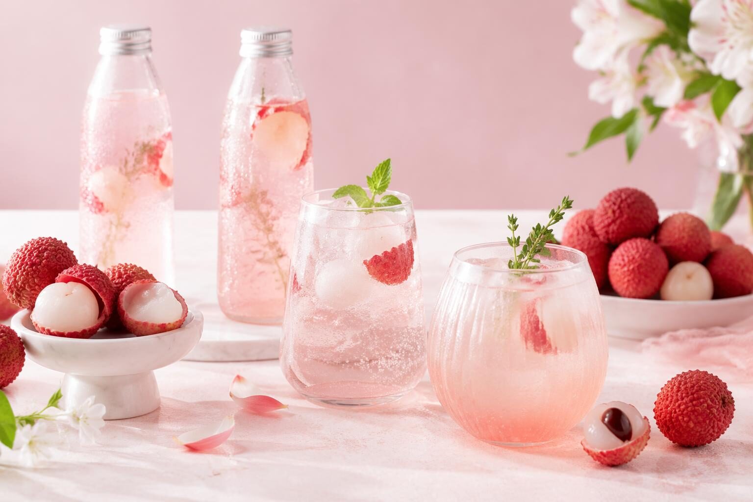 Premium lychee beverage flavor applications in Western drink markets — fresh lychee fruits alongside sophisticated sparkling water, mocktail, and RTD beverage products showing the diverse application opportunities for lychee flavor concentrate in the Western premium beverage category.