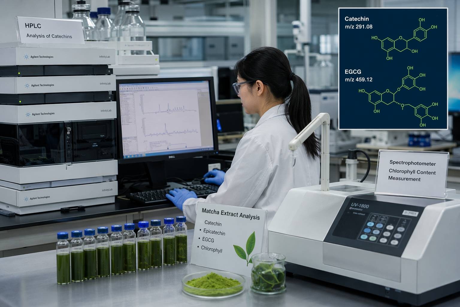Laboratory analysis of matcha's key flavor-active compounds: HPLC catechin profiling, EGCG quantification, chlorophyll measurement, and L-theanine analysis for quality control of matcha flavors used in food and beverage applications.