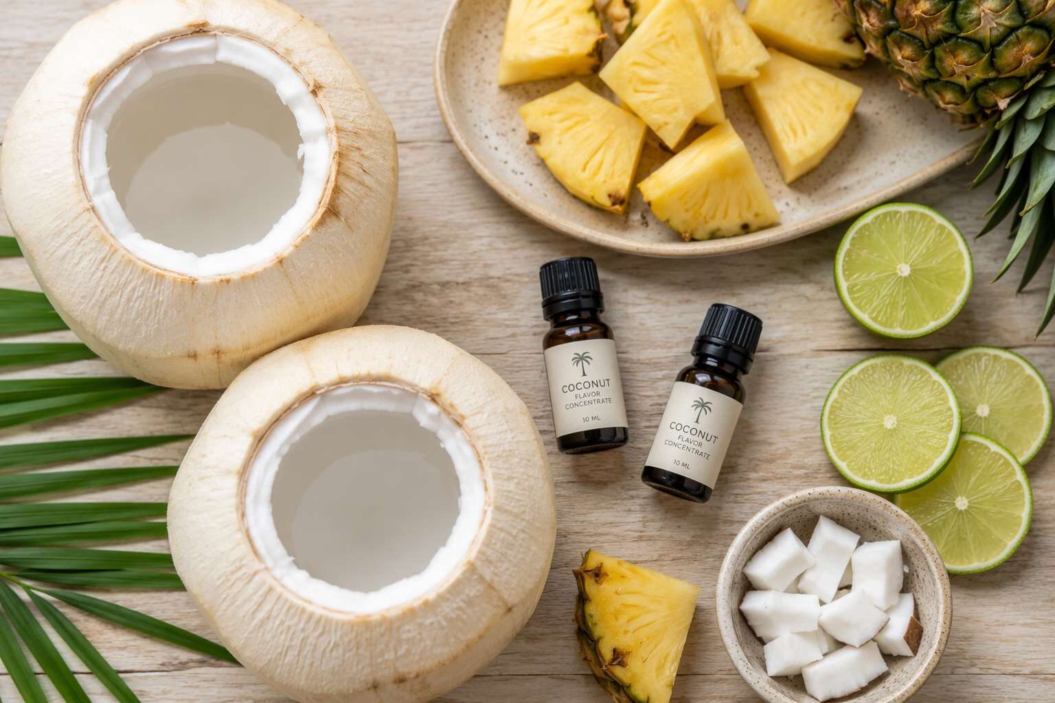 Key flavor ingredients for coconut water freshness enhancement: fresh young coconuts, coconut flavor concentrates, and tropical fruit pairing ingredients used in developing authentic shelf-stable coconut water beverage flavors.