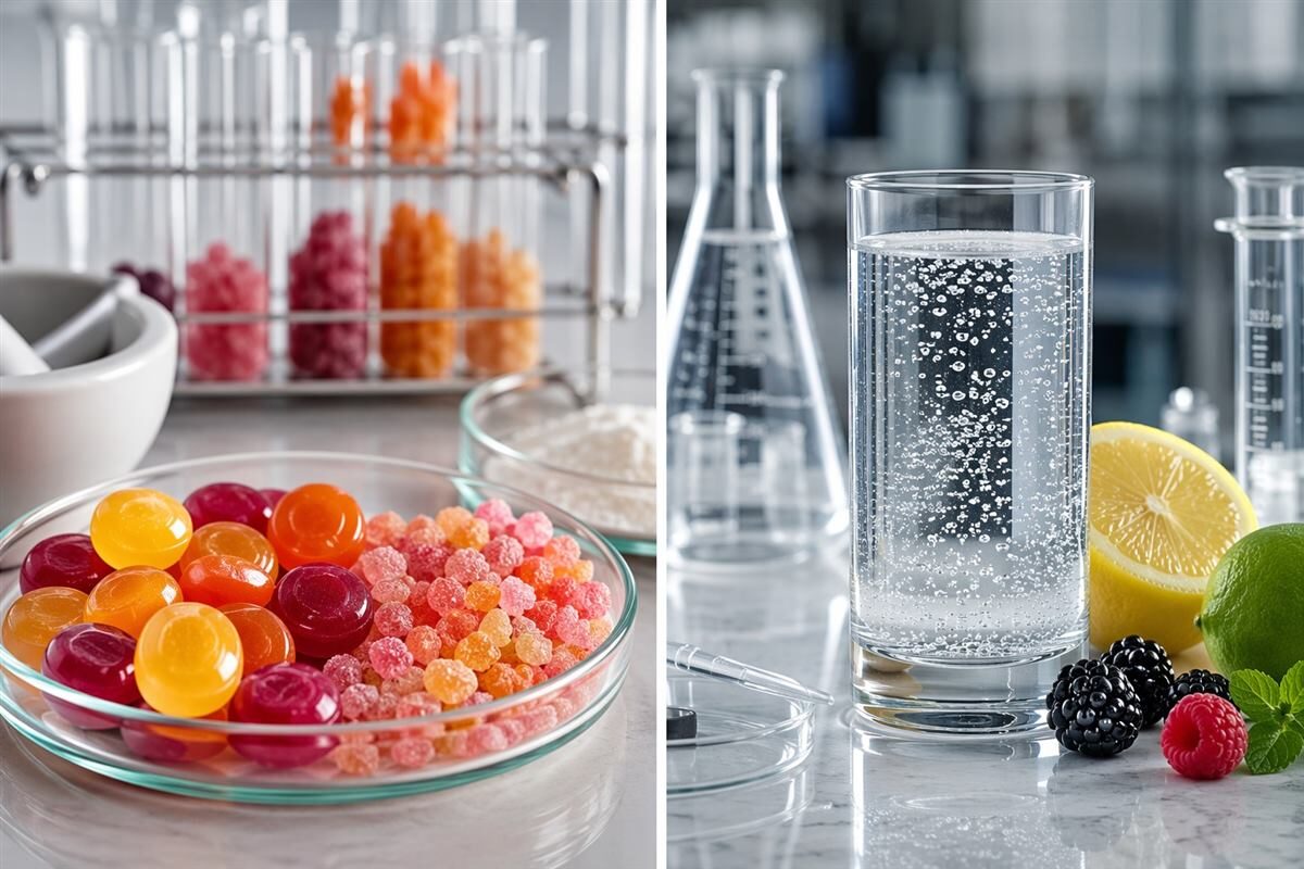 Side-by-side R&D test setups show why candy and soda require different physical mechanisms to create a fizzy sensory effect.