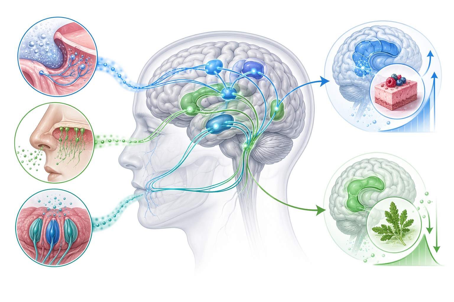 A neuroscience visualization of cross-modal sensory interaction in nitrogen-infused beverages — showing how the smooth, creamy tactile signals from nitrogen microbubbles interact with taste receptor signals in the brain to enhance perceived sweetness, reduce perceived bitterness, and lower acidity perception, based on published research in PMC12235588 and PMC10069003.