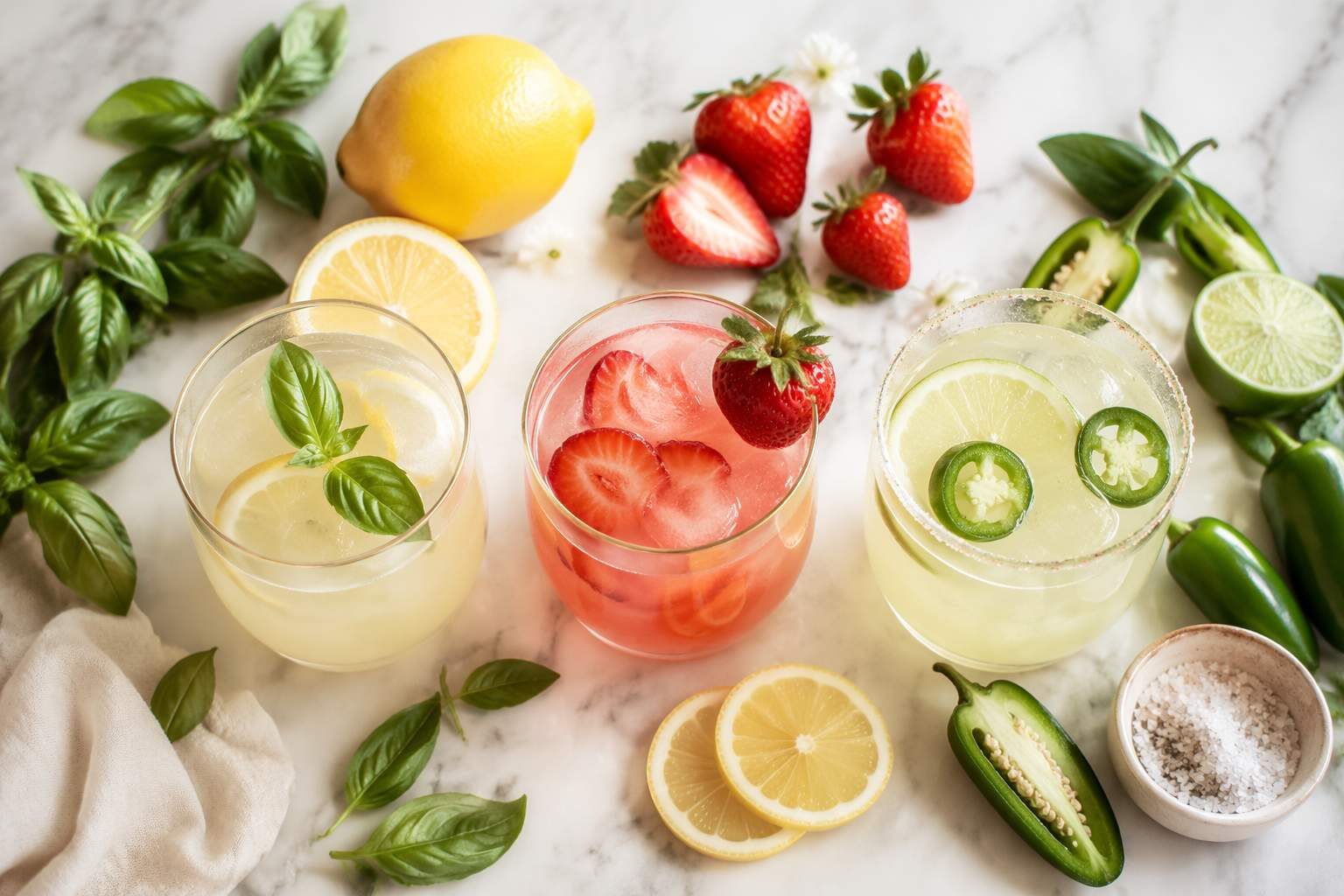 A professional food styling display showing three premium Lemonade 2.0 flavor pairings — basil with lemon (herbal floral elevation), strawberry with lemon (sweet-tart harmony), and jalapeño with lemon and salt rim (sweet-sour-spicy excitement) — illustrating the three distinct sensory approaches to premium lemonade flavor development for B2B beverage manufacturers.