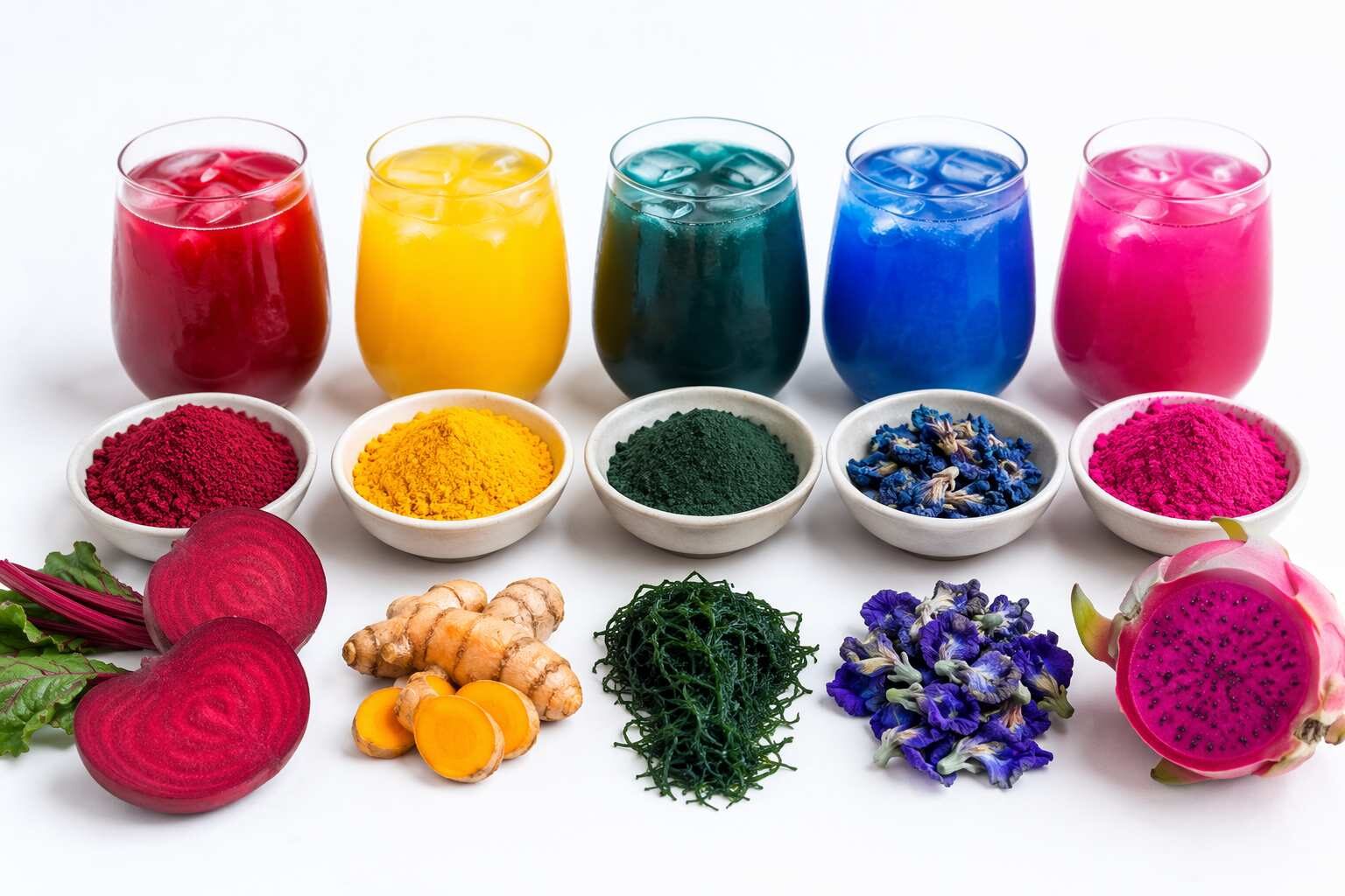 A professional display of natural plant-derived colorants for children's beverages — beetroot powder (red/pink), turmeric (yellow), spirulina (blue-green), butterfly pea flower (blue-purple), and dragon fruit (pink) — alongside matching naturally colored children's juices, illustrating the clean-label natural colorant options that address both parents' clean-ingredient concerns and children's visual flavor expectations.