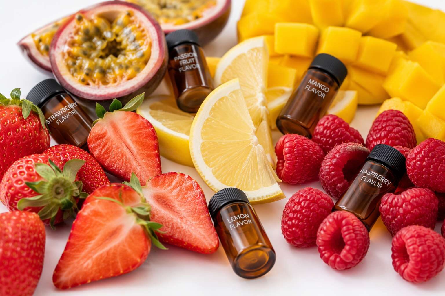 Natural fruit flavor ingredients — strawberry, lemon, passion fruit, mango, raspberry — used in developing fruity clear protein water formulations for sports nutrition and functional beverage manufacturers.