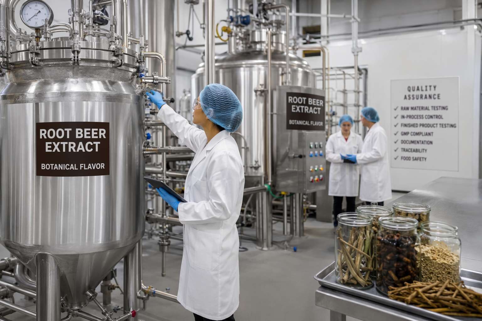 Professional GMP-certified manufacturing facility producing safrole-free botanical root beer flavor concentrates for craft soda brands and commercial beverage producers worldwide.