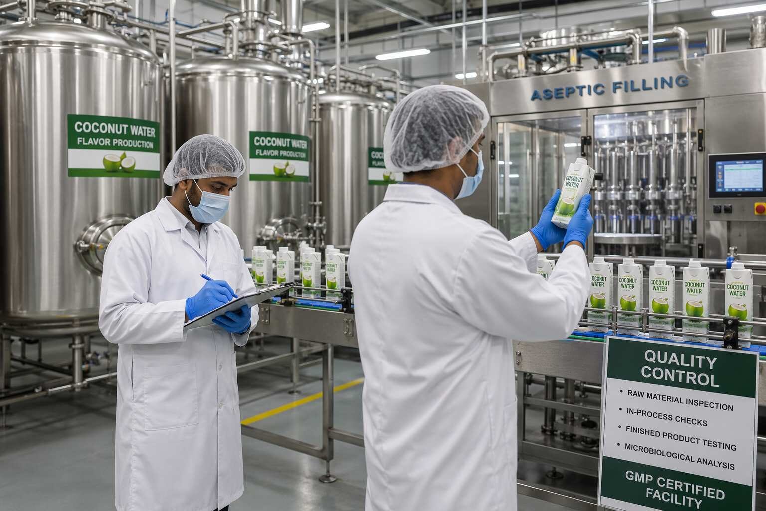 Professional GMP-certified manufacturing facility producing coconut water flavor concentrates and freshness-restoration flavor systems for shelf-stable coconut water beverage producers worldwide.