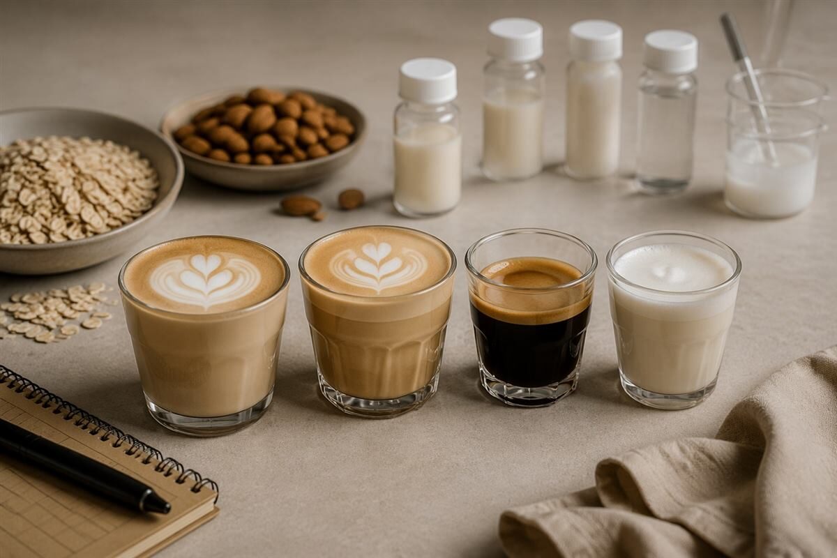Finished plant-based latte prototypes show the outcome of a structured oat and almond milk coffee flavor-development process.