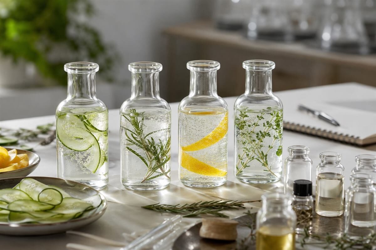Finished cucumber rosemary tonic prototypes show the sensory outcome of a structured botanical flavor-development process.