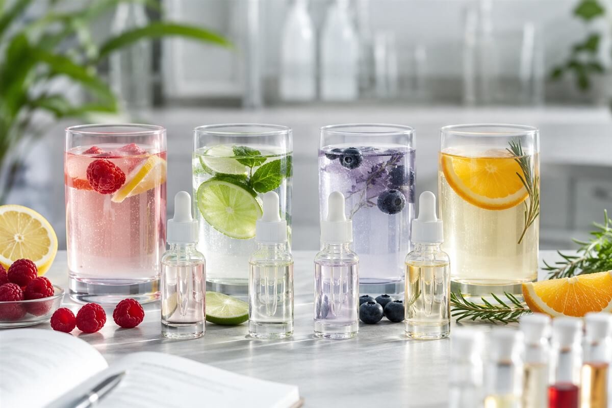 Finished dropper prototypes show varied fruit and botanical water enhancer concepts ready for application testing.