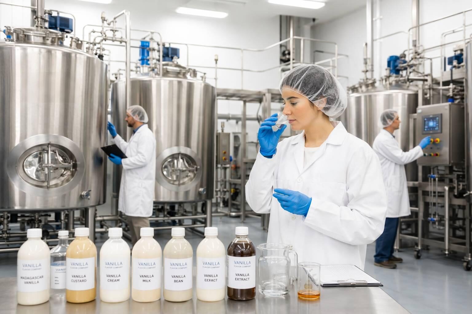 Inside a professional vanilla flavor manufacturing facility producing high-quality vanilla flavor concentrates for dairy beverage applications, featuring GMP-compliant production and rigorous quality control systems.