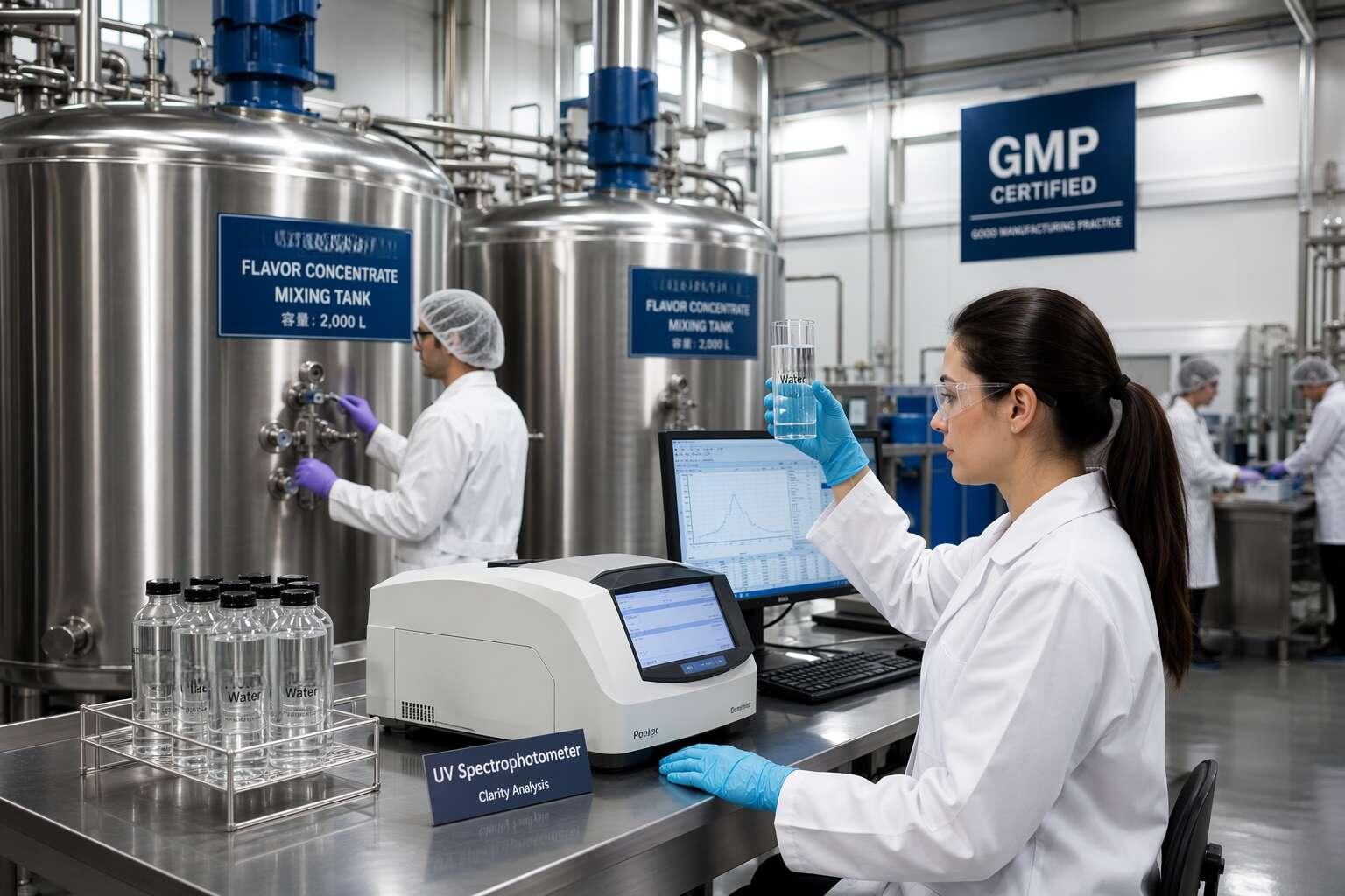 Inside a GMP-certified flavor manufacturing facility producing water-soluble fruity flavor concentrates for clear protein water applications — from blending to quality control testing for sports nutrition beverage producers worldwide.