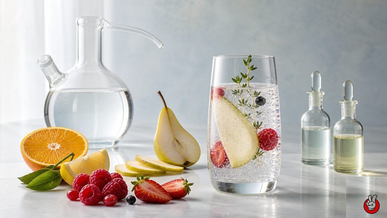 Premium fruit distillates arranged with citrus, berries, pear, and a finished sparkling beverage. Original CUIGUAI Flavor editorial image for this technical article.