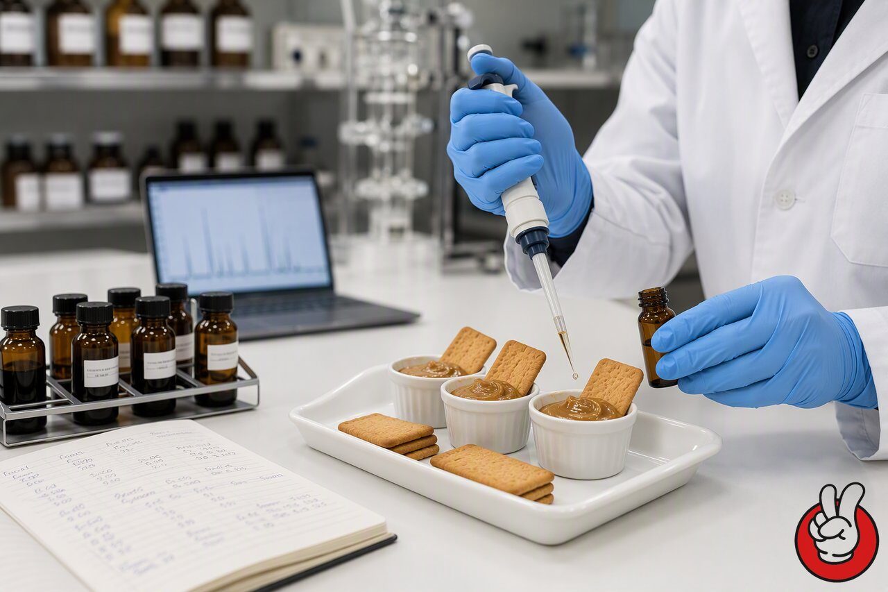 A flavor laboratory bench with amber vials of biscuit and spice concentrate and a sensory tasting tray - how a cookie butter profile is built and validated for industrial production.
