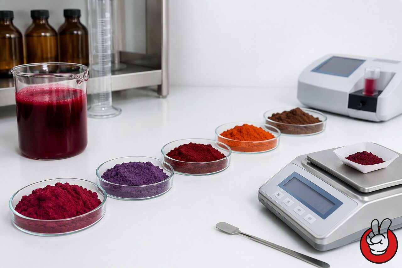 A food-science bench laid out with beetroot, hibiscus, paprika and cocoa colorant samples - the natural colorant toolkit used to replace artificial red dyes in bakery products.