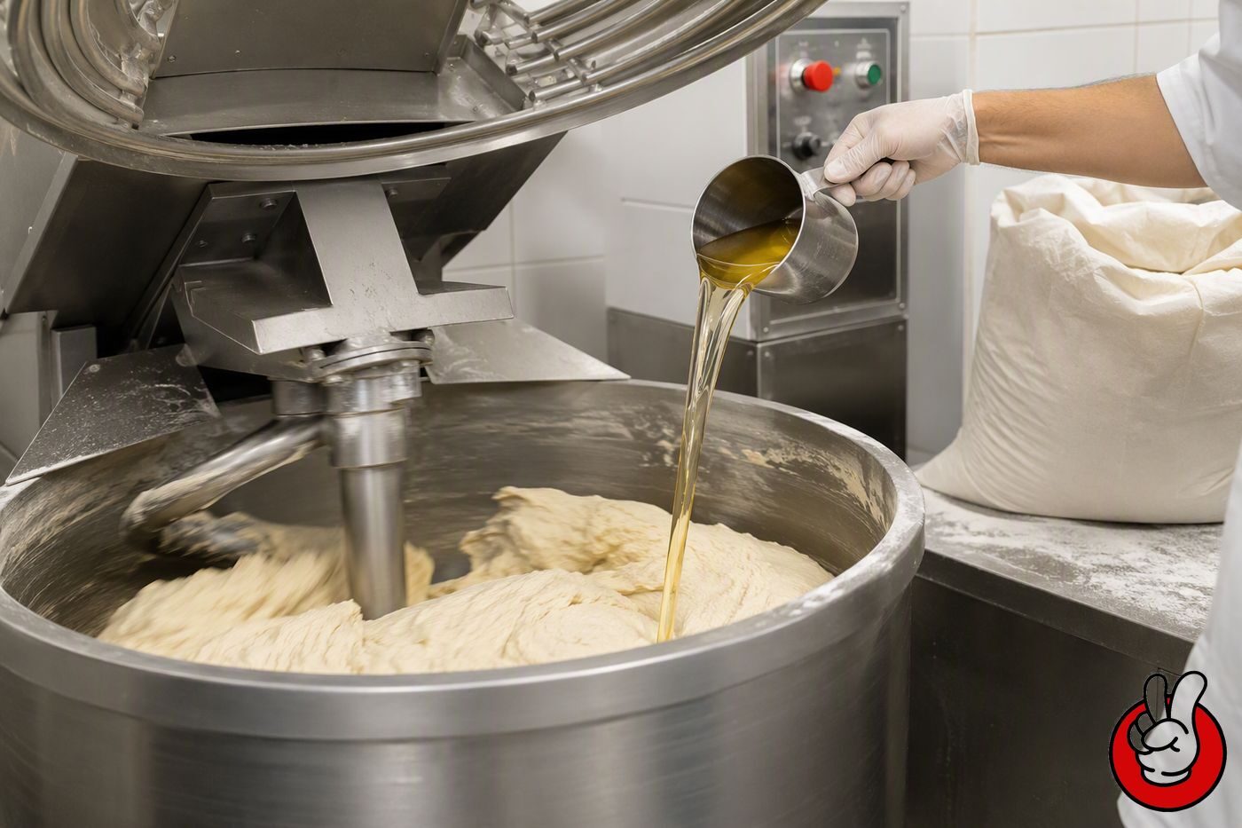 Bakery production: dosing liquid flavor concentrate into dough in an industrial spiral mixer, where matrix interactions and bake profile determine flavor survival.