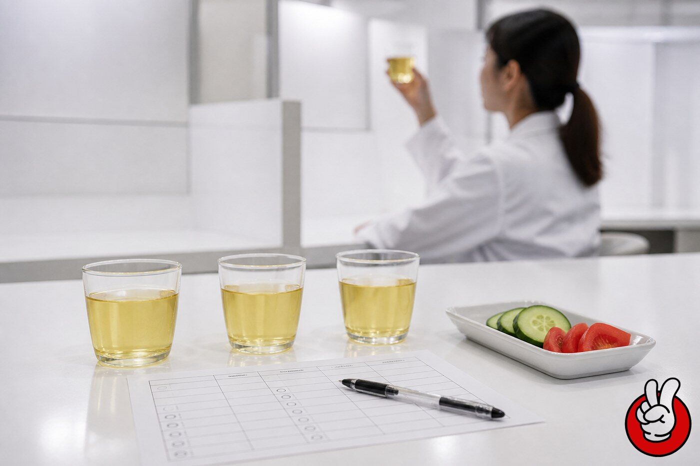 Sensory evaluation session for 2026 savory beverages: coded tasting cups, scorecard, and palate-cleansing cucumber and tomato samples in a lab booth.