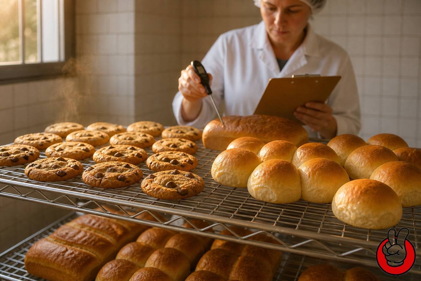 Freshly baked cookies, rolls, and bread cooling on racks while a quality technician checks internal temperature; final sensory validation confirms flavor survival after the bake.