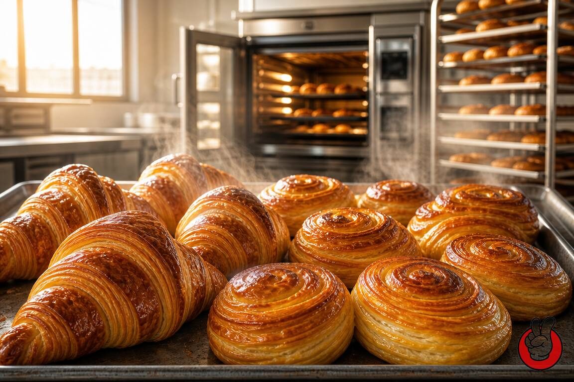 Golden croissants and pastries fresh from the oven - the closing visual for butter flavor systems that survive high-heat baking in margarine-based formulas.