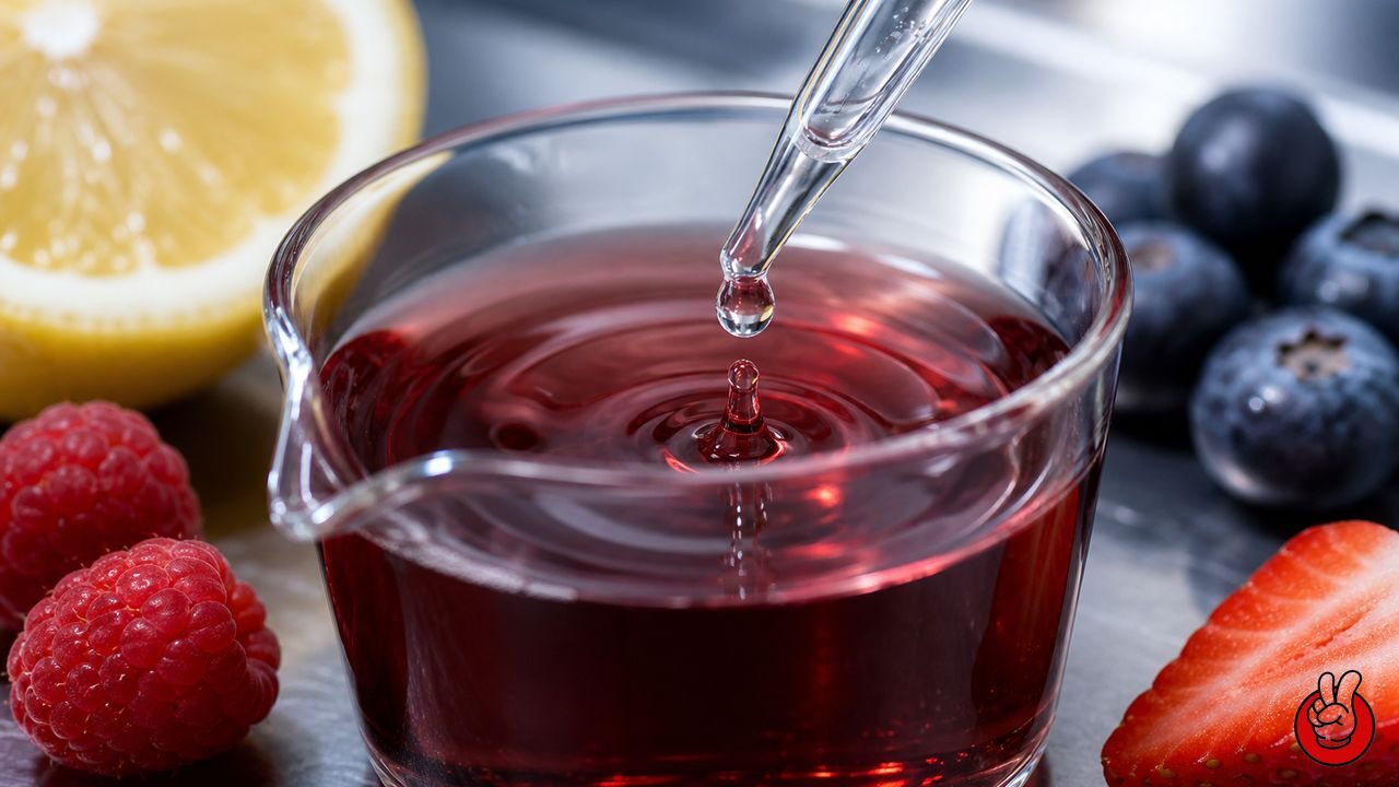 A precise droplet entering fruit beverage during controlled acid and flavor optimization.