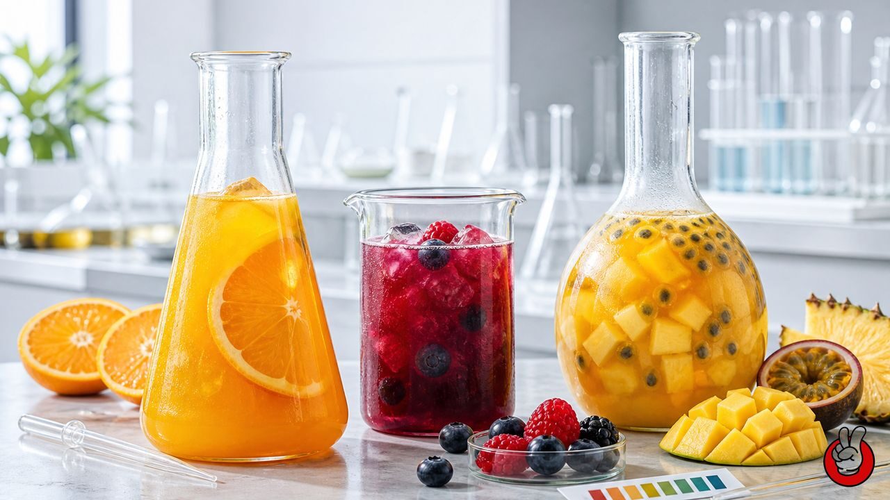 Technical beverage lab scene illustrating how controlled acidity creates brighter fruit flavor.