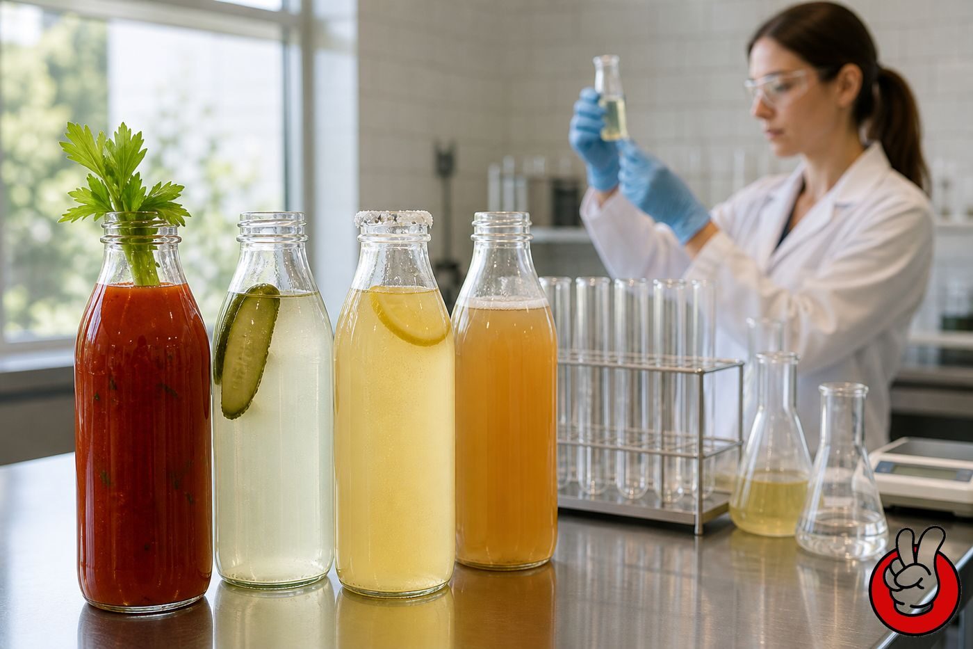Beverage R&D laboratory bench with tomato, pickle, salted lemonade, and fermented savory drink prototypes developed for 2026 savory beverage trends.