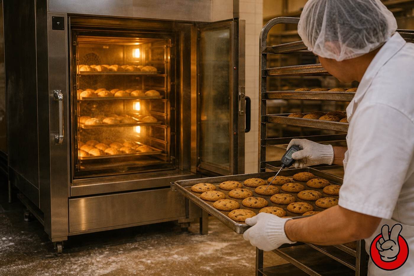 Commercial deck oven baking cookies and rolls at 150-230C, the environment where volatile flavor compounds must be protected by encapsulation.